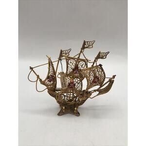 Vintage Portuguese Caravel Ship Figurine - Filigree Gold Gilt Copper Nuelva RARE